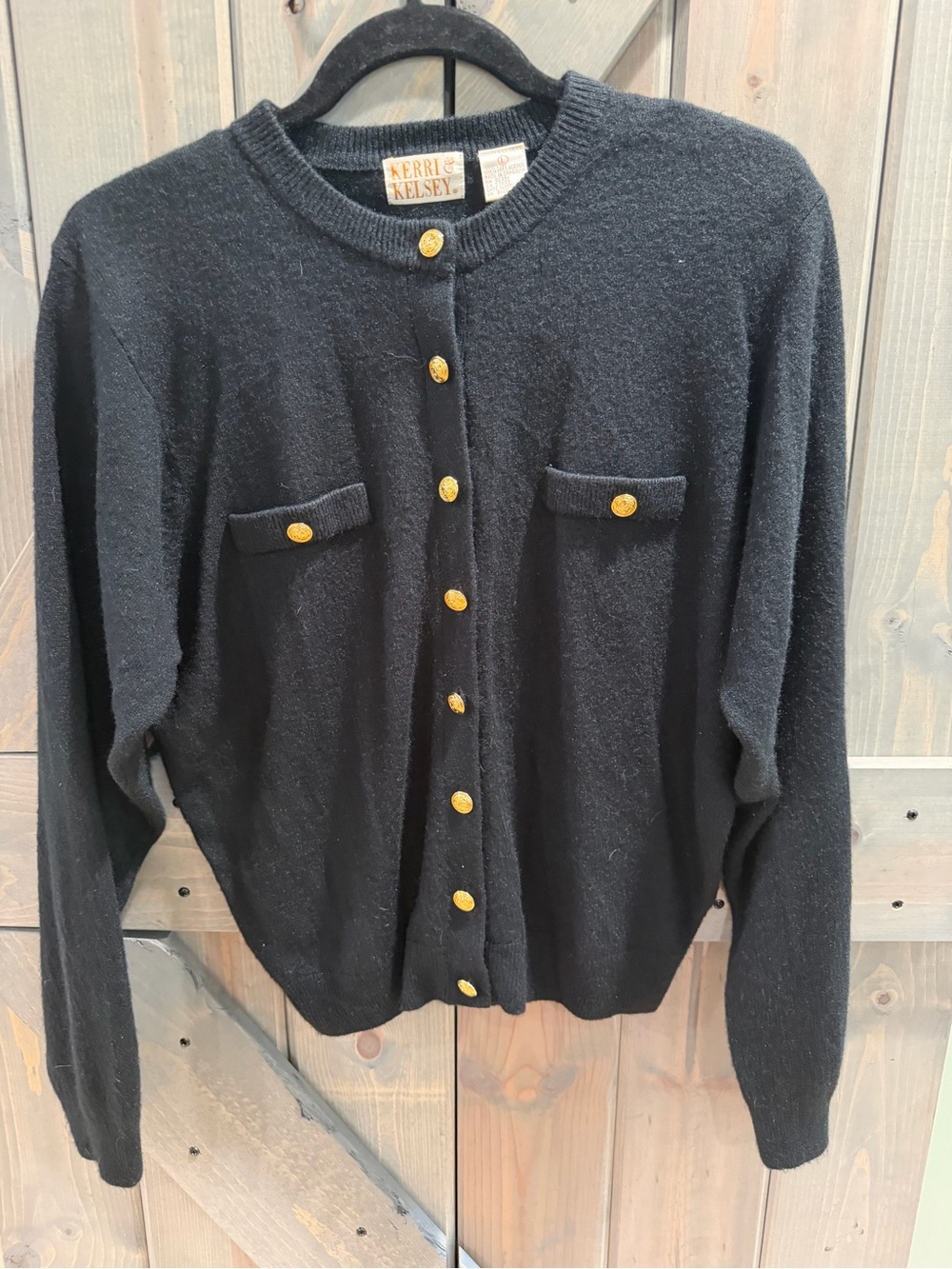 Vintage Kerri & Kelsey Black Cardigan Gold Medallion Buttons Shoulder Pads L
